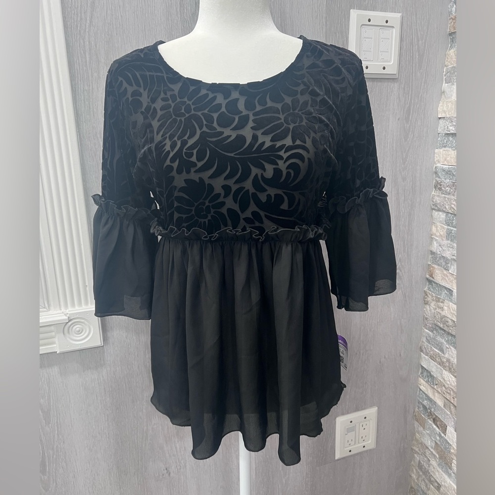 LOVE POINT Black Sheer Velvet Burnout Floral Peplum Blouse XL Whimsigoth Vampy